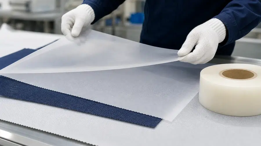 Hot melt adhesive film reducing solvent glue use