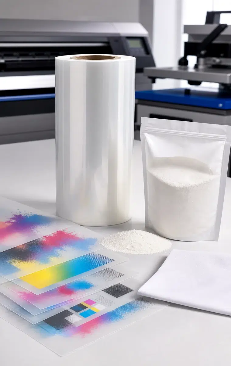DTF transfer materials film powder and printed samples