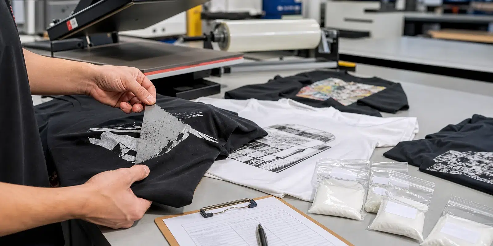 DTF transfer returns queue with peeled print and powder samples