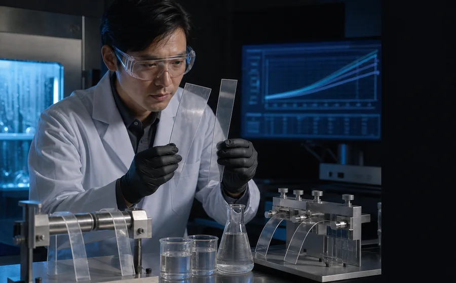 Engineer comparing polyester and polyether TPU film samples