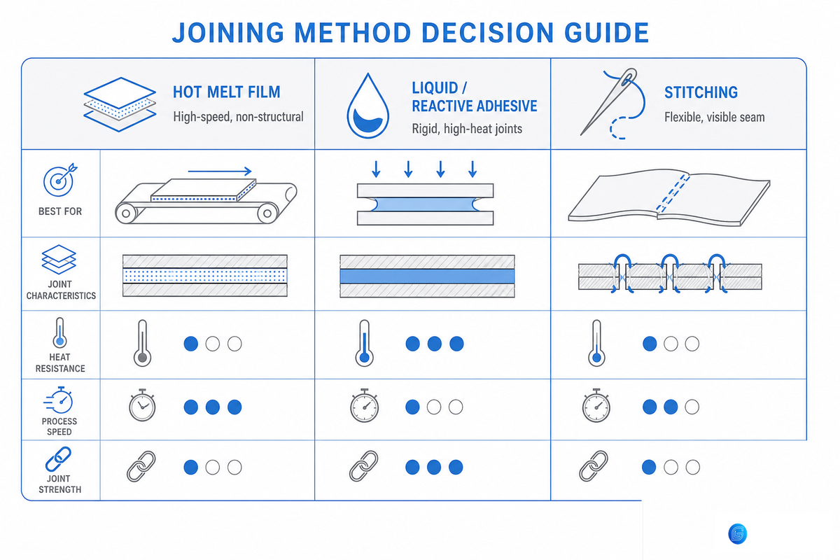 Hot Melt Film vs. Liquid Adhesive vs. Stitching, When Does Each Make Sense — Teng Yang
