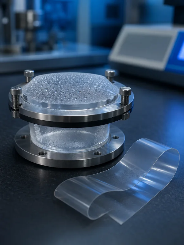 Breathability test fixture with transparent polyurethane film membrane