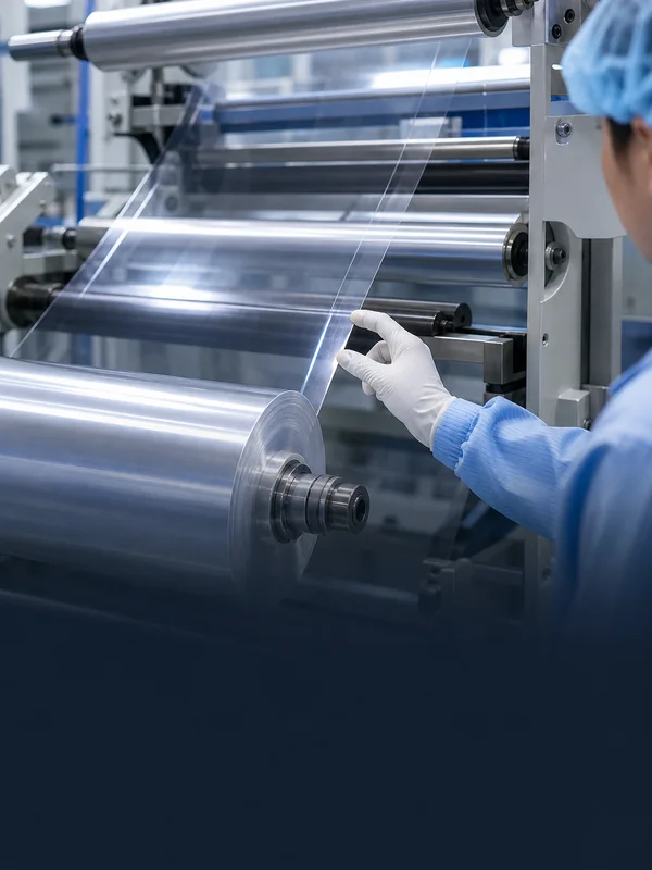 Transparent PU film running through production rollers for quality control