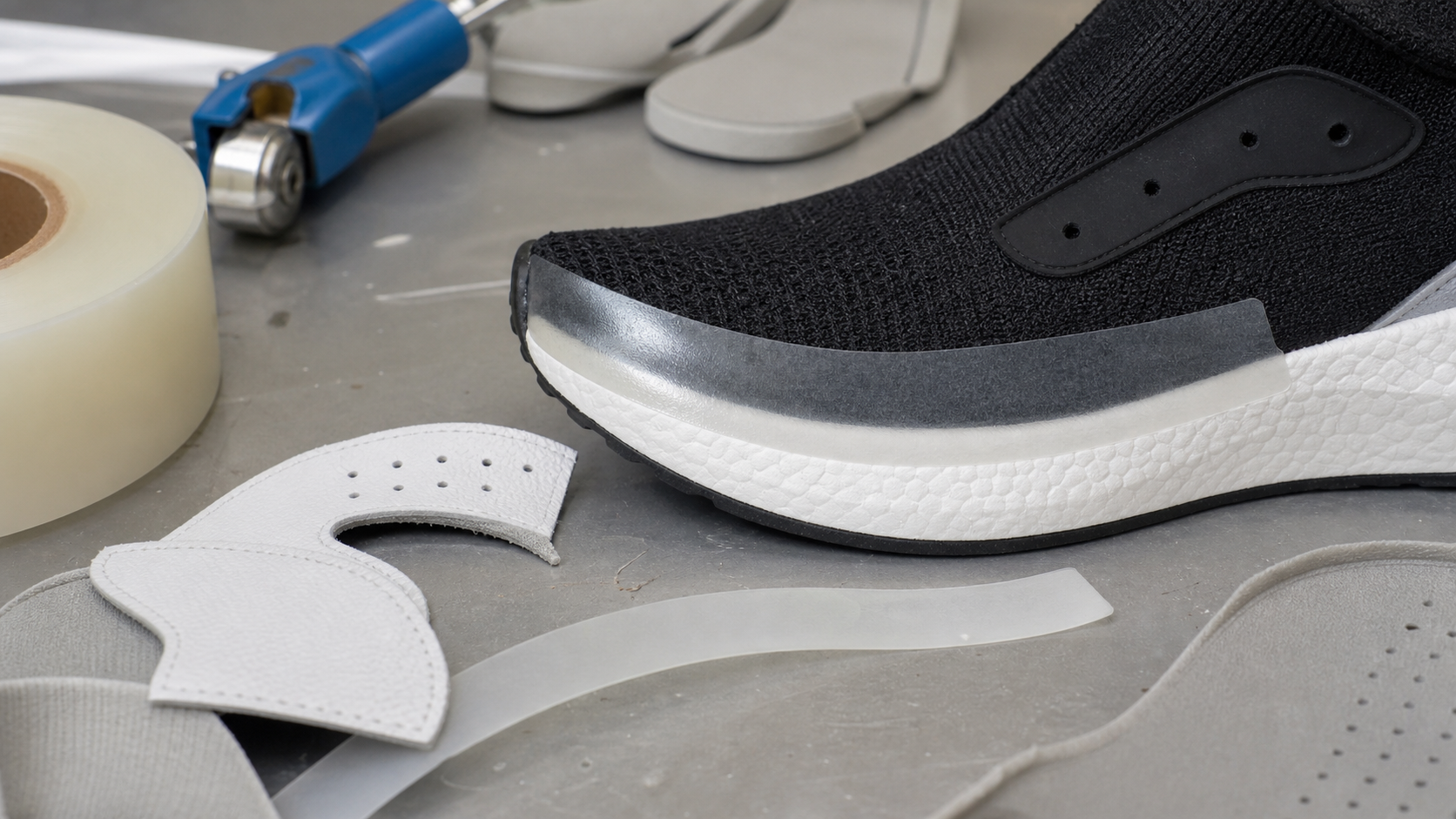 Footwear assembly with polyester TPU hot melt film reinforcement