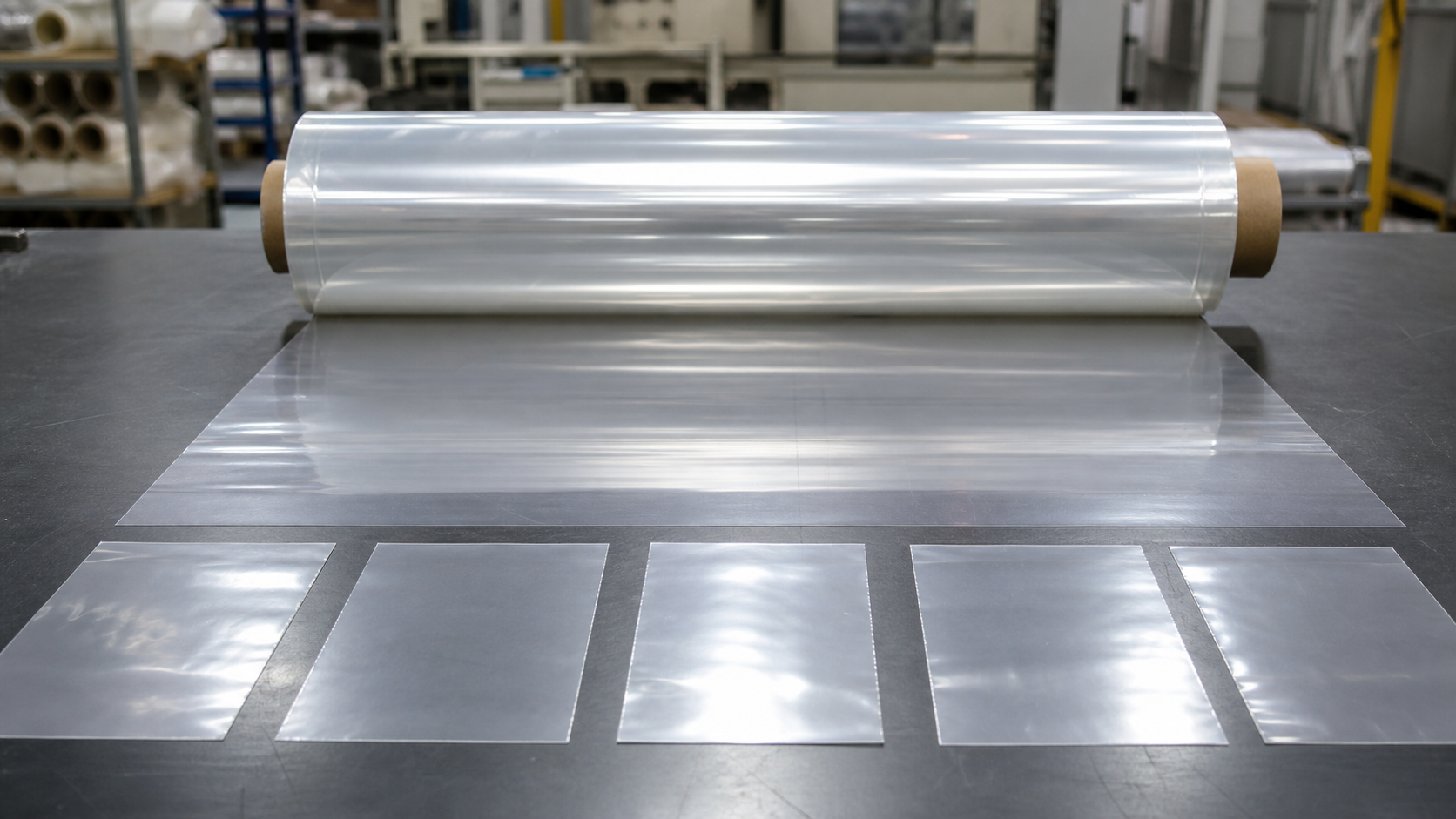 Uniformly cast polyether TPU film roll and sample sheets on a QC inspection table