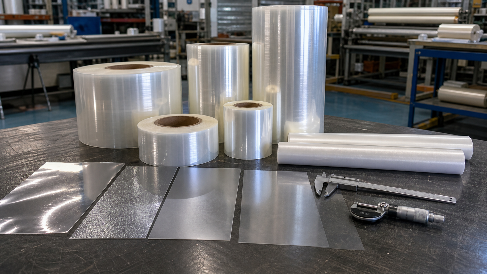 TPU film rolls and sample sheets showing thickness width hardness and surface finish factors