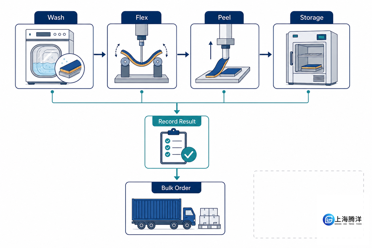Wash, Flex, Peel, and Storage Tests Before a Bulk Order - Teng Yang