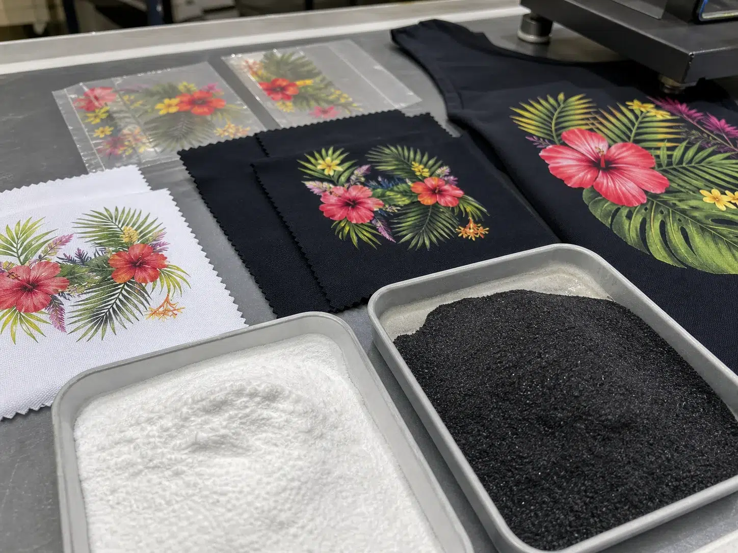 White and black DTF powder color analysis on fabric samples