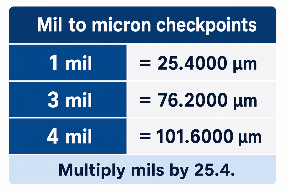 Gängige Werte für die Rückrechnung von mil in Mikrometer verdeutlichen die Multiplikationsrichtung.