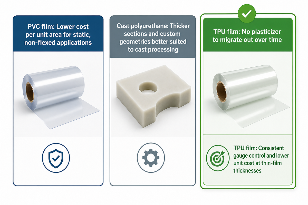 TPU film versus PVC film and cast polyurethane