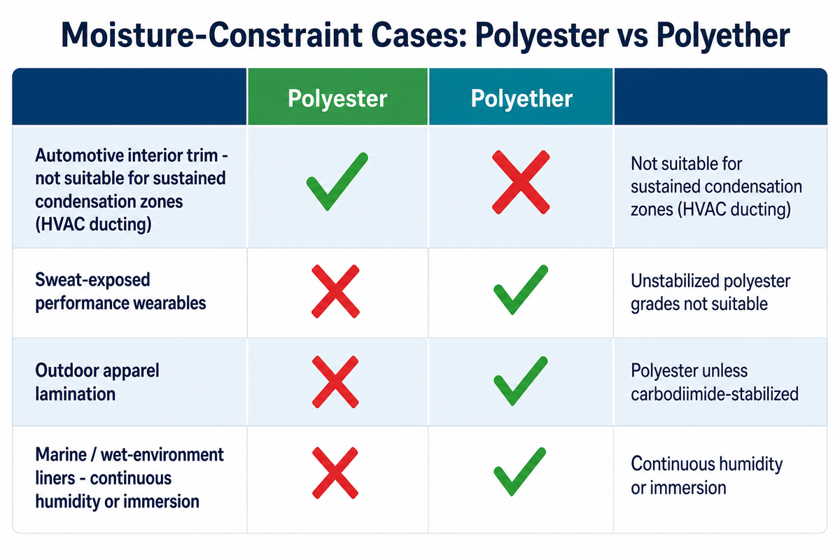 Polyester versus polyether TPU moisture-constraint selection matrix
