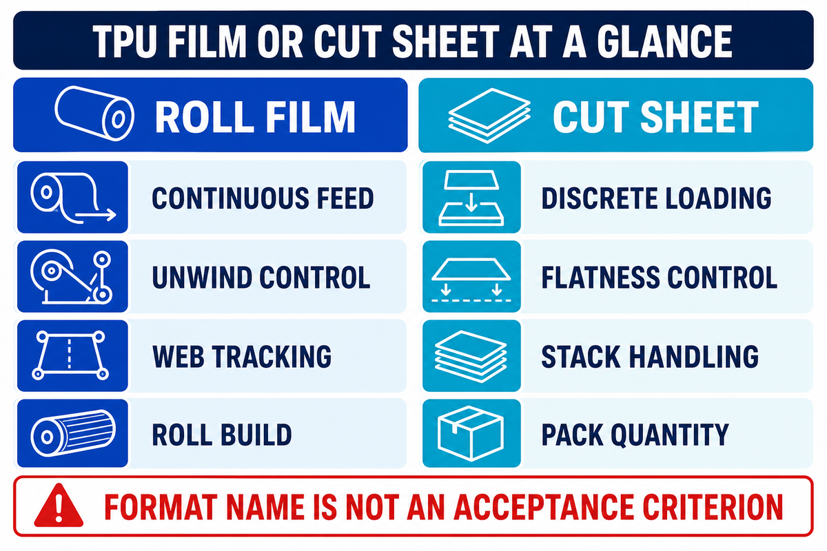 TPU roll film suits continuous feed while cut sheet suits discrete loading=