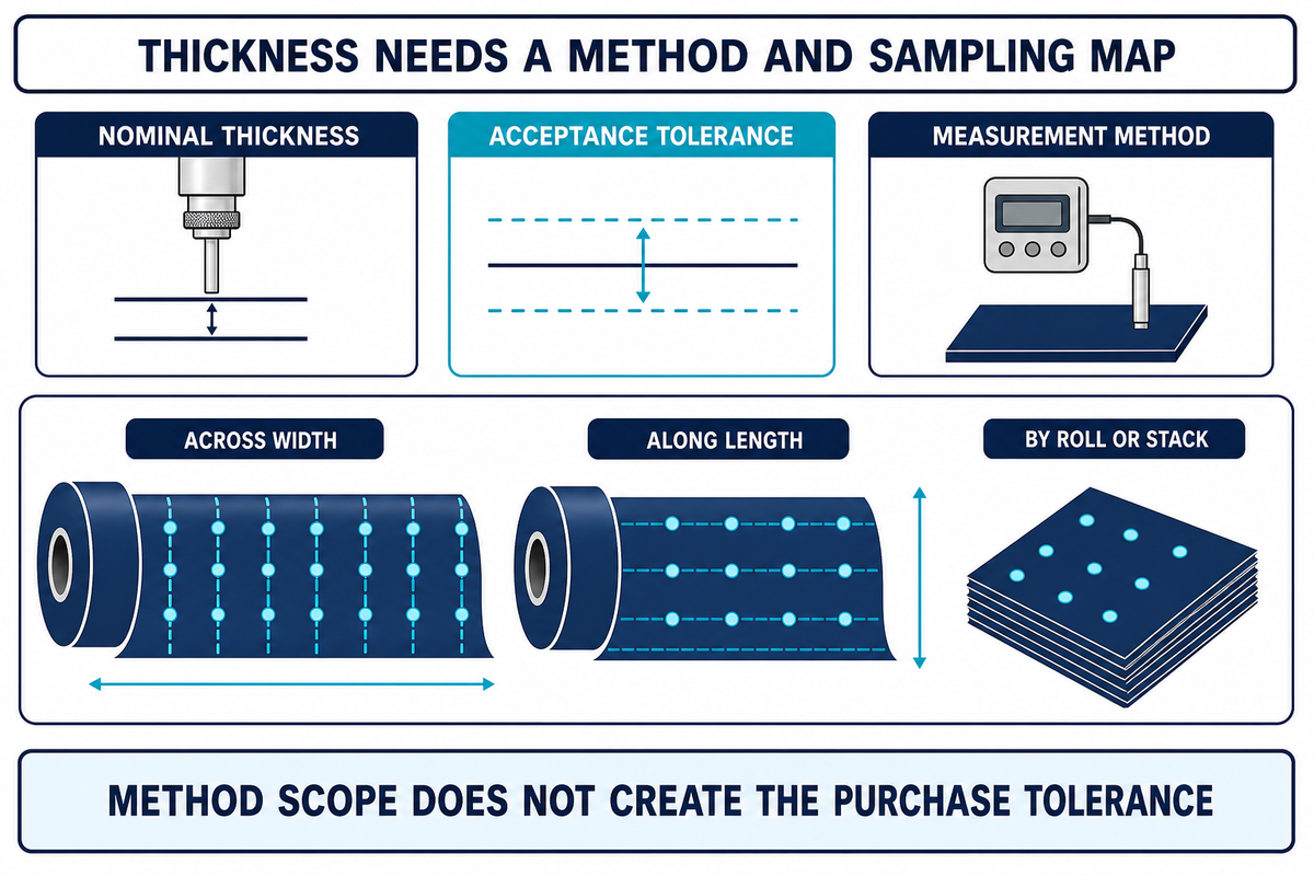 TPU thickness control requires nominal value, tolerance, method and sampling across width and length (ISO 4593)