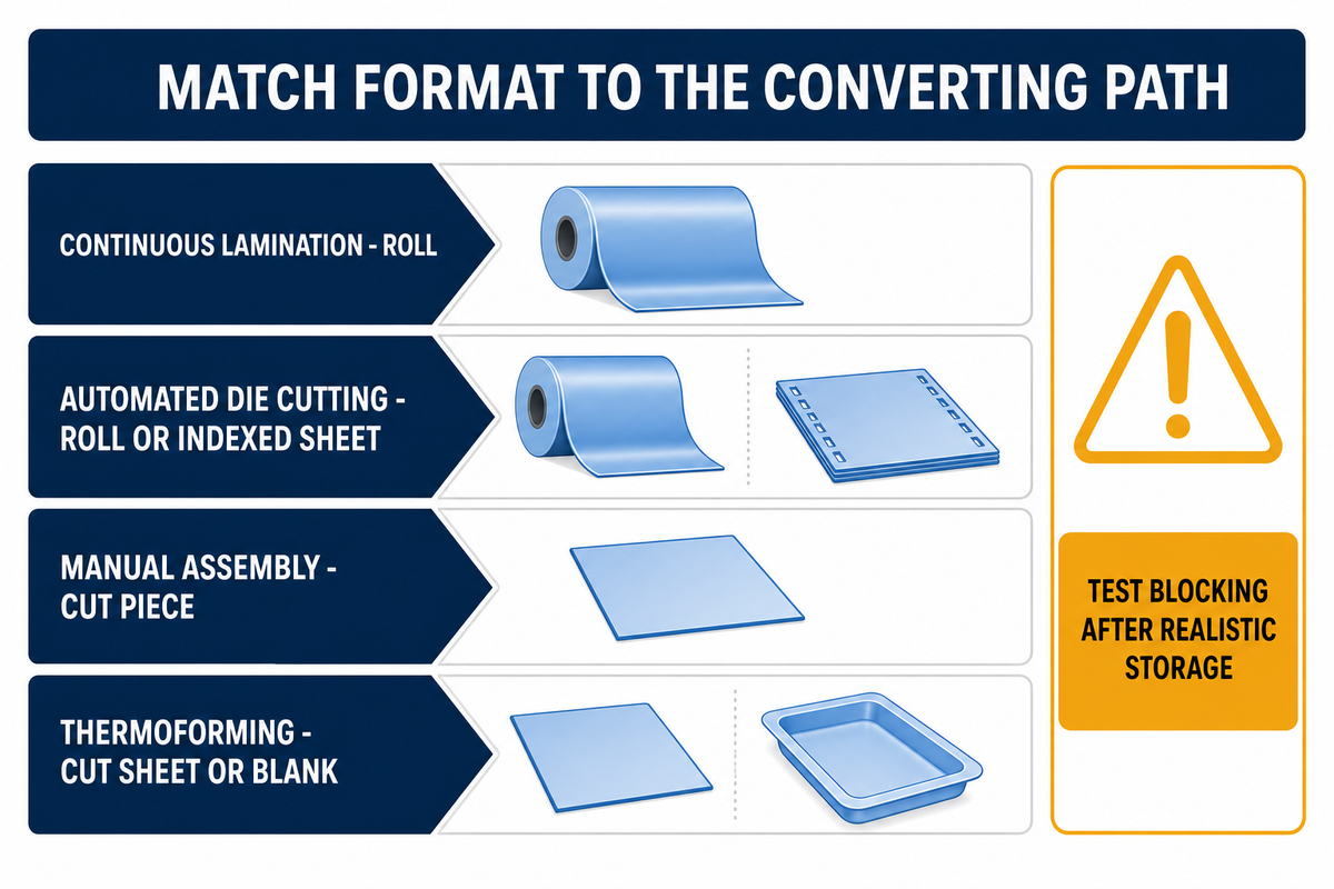 Roll film fits continuous lamination; cut sheet fits manual loading=