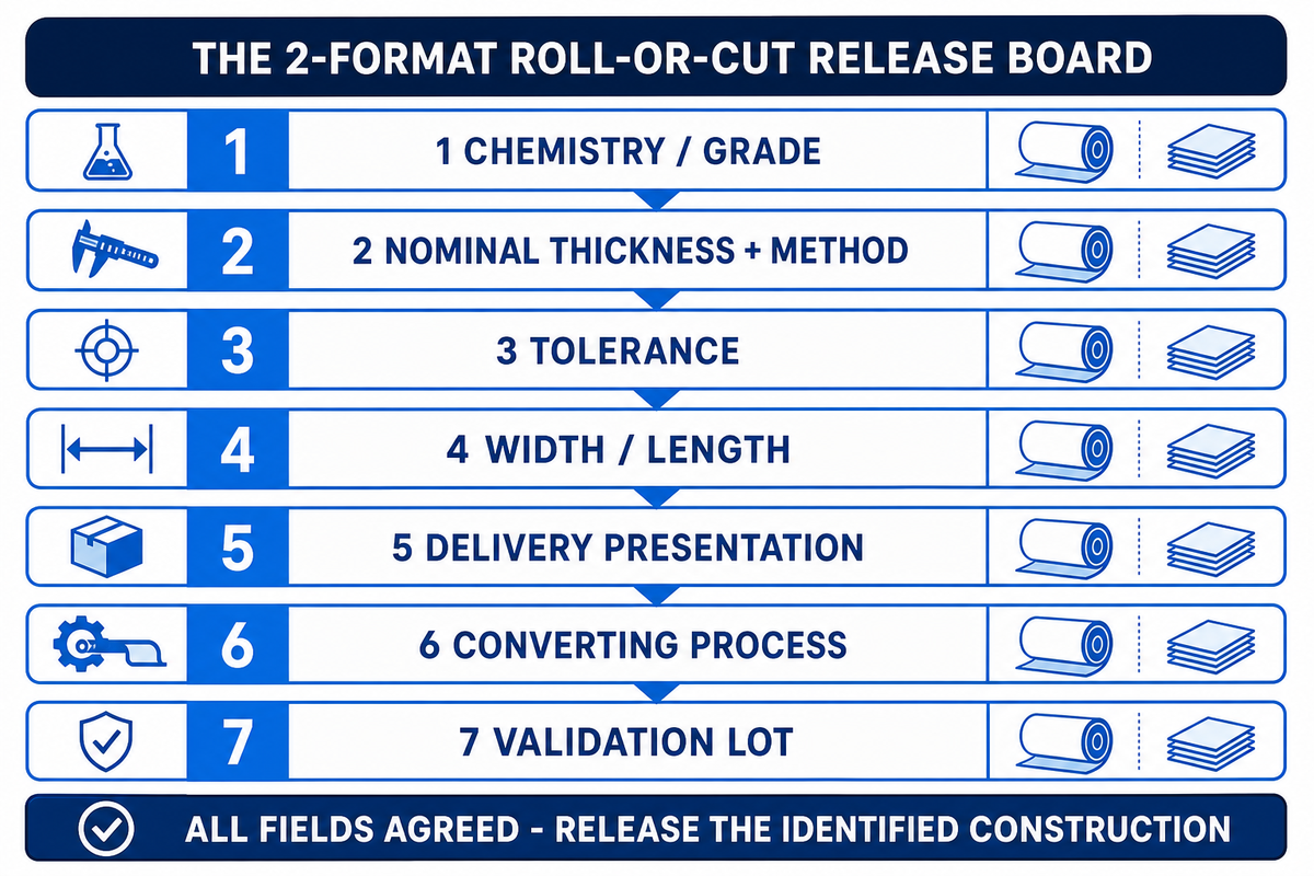 A roll-or-cut release board records TPU grade, thickness method, tolerance, dimensions, presentation and validation lot