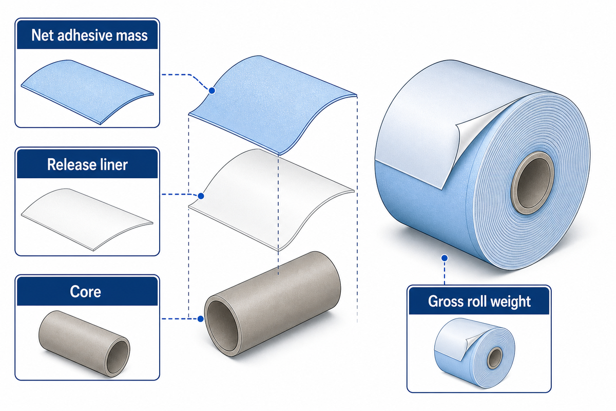 Net adhesive mass excludes the core and release liner; INDA defines basis weight as mass per area.