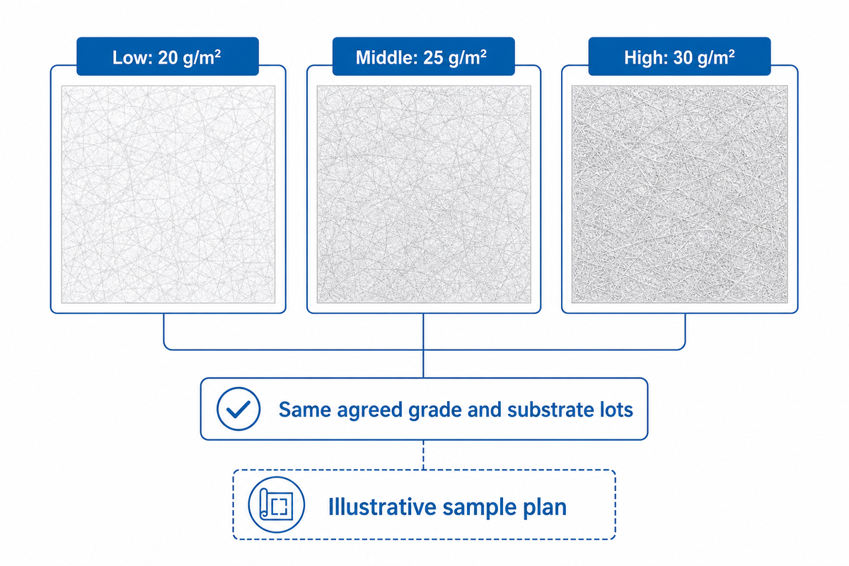 Illustrative 20, 25 and 30 g/m² trials use the same adhesive grade and substrate lots.
