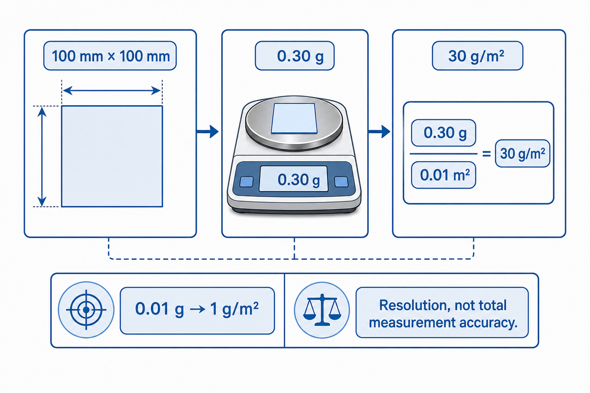 Illustrative 0.30 g over 0.01 m² equals 30 g/m²; balance resolution is not measurement accuracy.