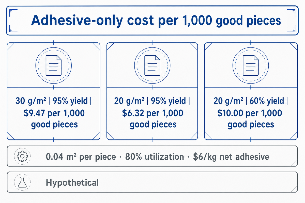 Hypothetical adhesive costs per 1,000 good parts: $9.47, $6.32 and $10.00 as GSM and yield change.