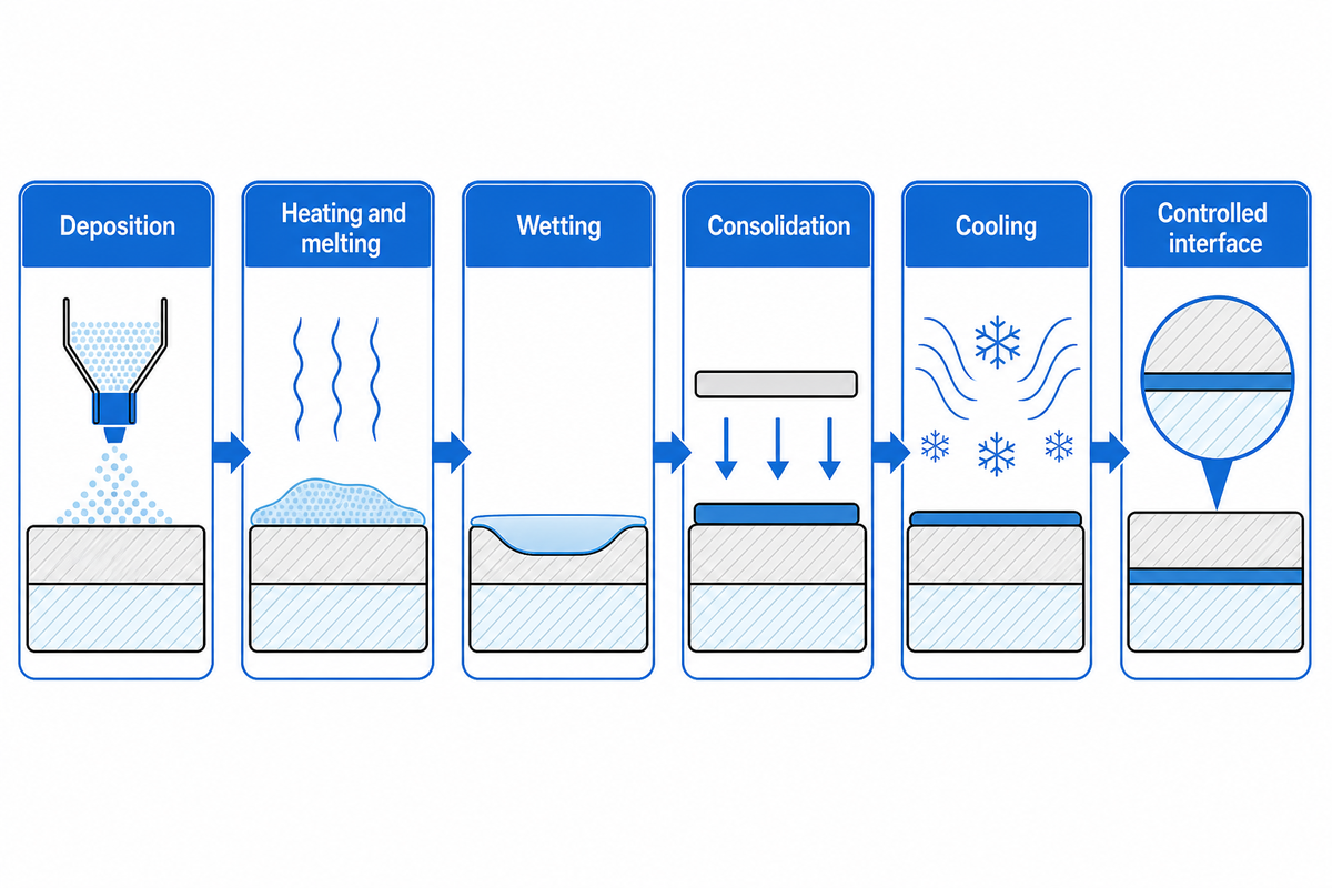 EVA powder bonding moves through deposition, heating, melting, wetting, consolidation and cooling