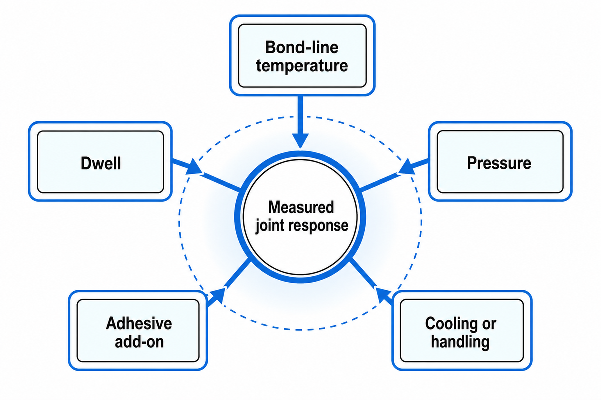 A five-variable EVA bond window links temperature, dwell, pressure, add-on and cooling to measured joint response