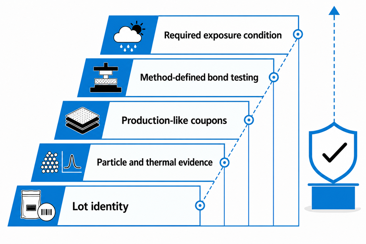 EVA powder qualification rises from lot identity through particle, thermal, coupon, bond and exposure evidence