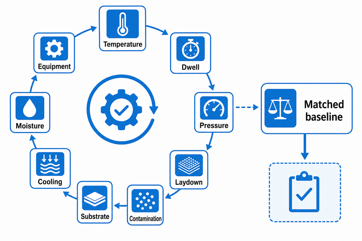 EVA powder troubleshooting tests temperature, dwell, pressure, laydown, contamination, substrate, cooling and equipment against a matched baseline