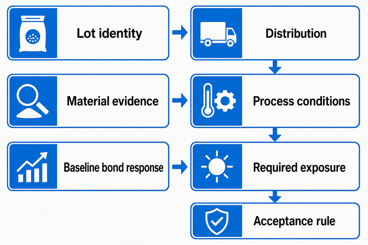 An EVA powder lot-release card binds lot identity, distribution, process conditions, bond response, exposure and acceptance
