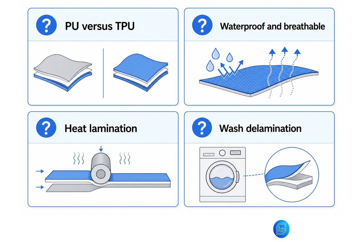 PU film FAQ card clarifying terminology, breathability, heat lamination, and wash delamination