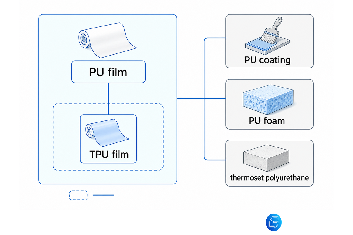 PU film terminology map separating TPU film, coating, foam, and thermoset polyurethane