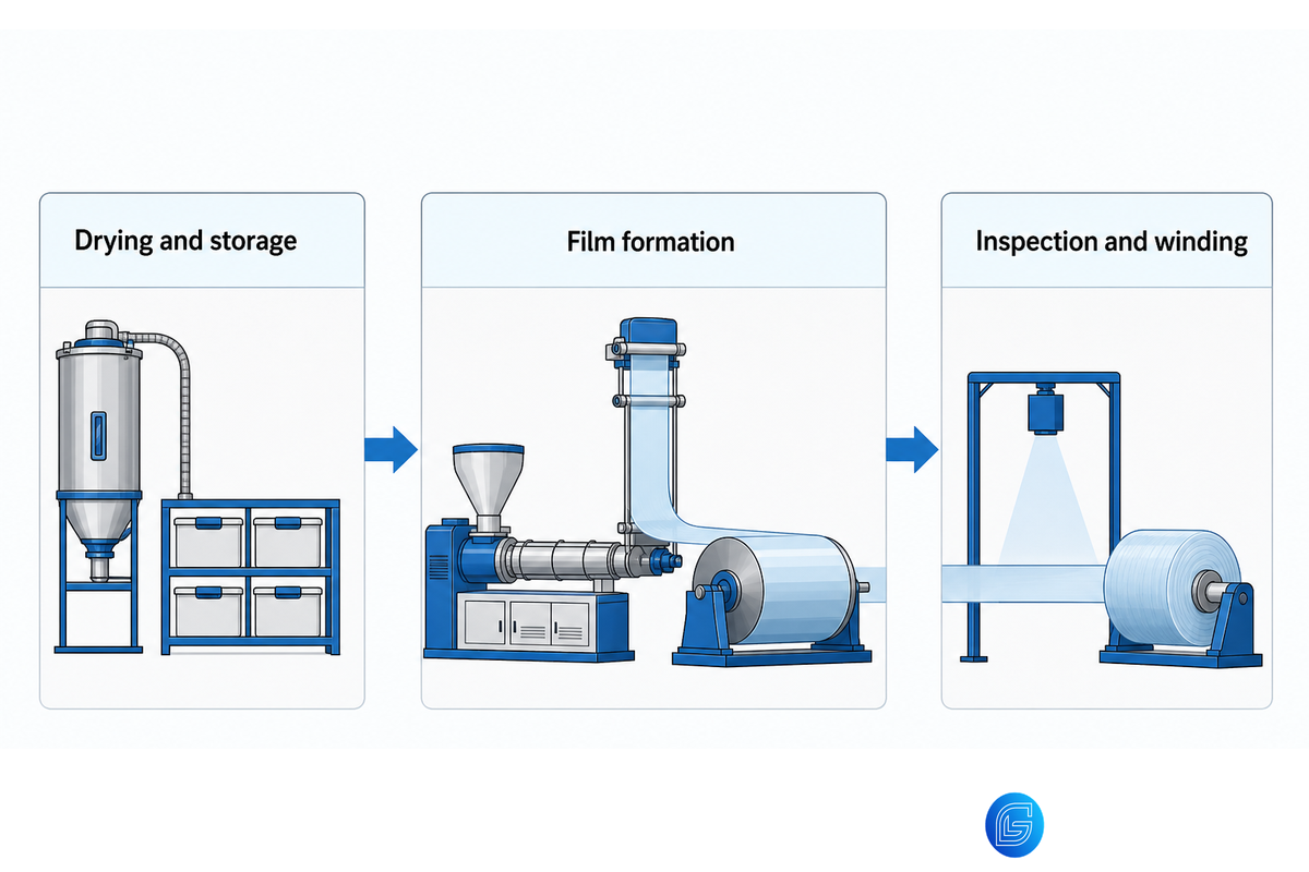 Polyurethane film manufacturing flow from drying through extrusion, cooling, inspection, and winding