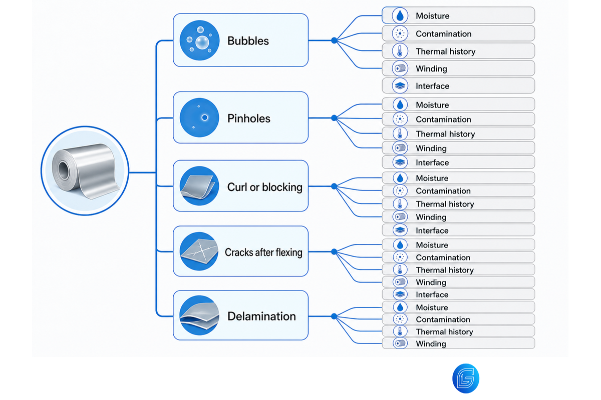 PU film failure diagnosis tree for bubbles, pinholes, curl, cracks, blocking, and delamination