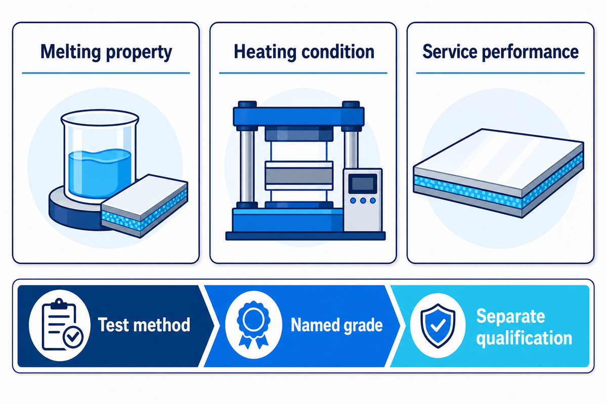 Melting, activation and service data answer different questions; Bostik PO102 guidance is grade-specific.