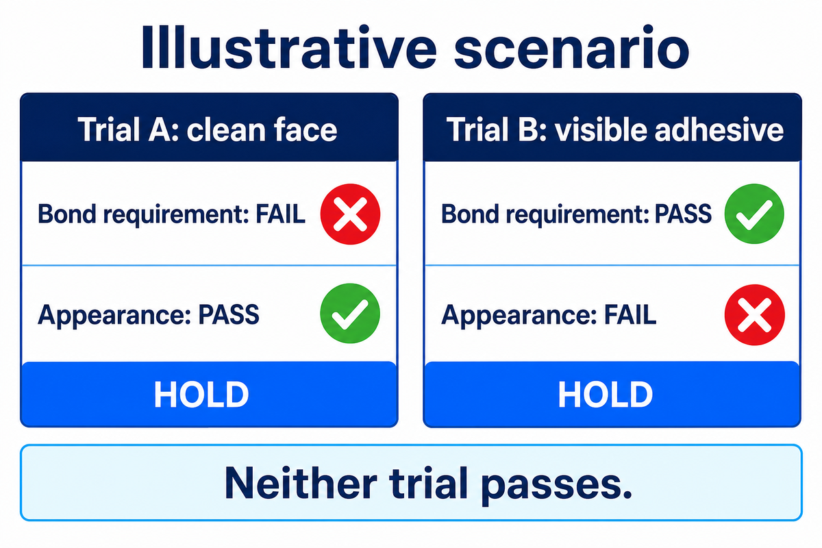 An illustrative trial must pass bond and appearance together; a higher peel result alone cannot approve temperature.