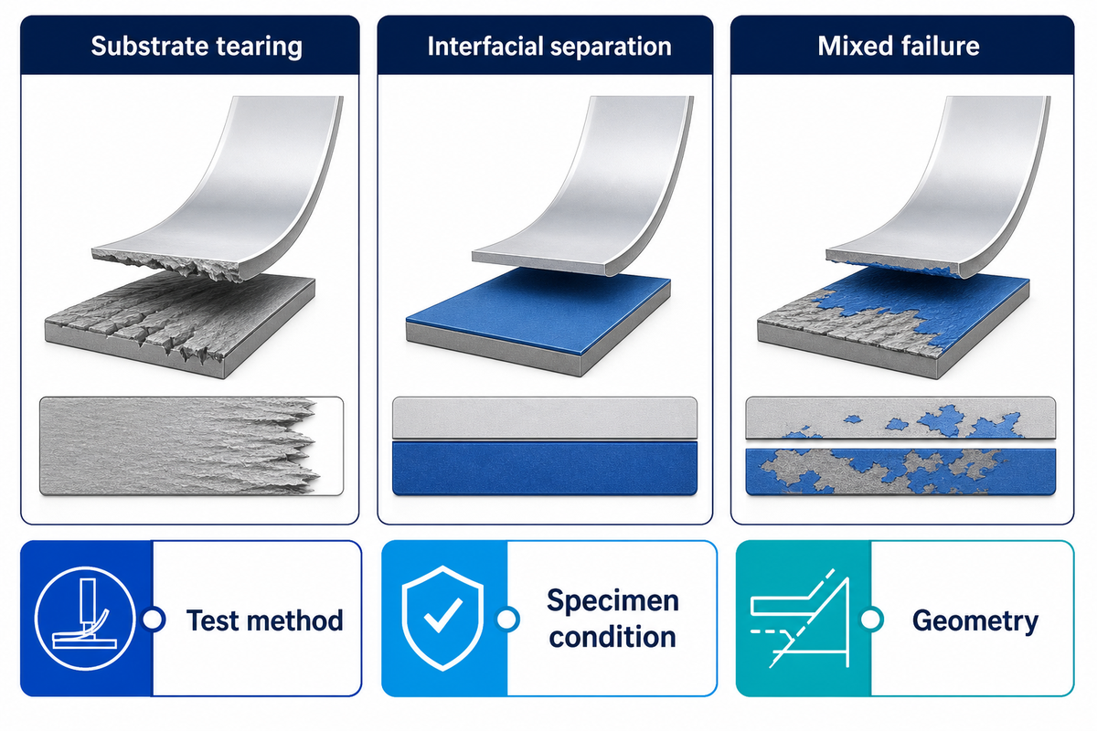 Record failure location with the test result; ASTM D1876 and ISO 10365 do not supply a universal laminate pass value.