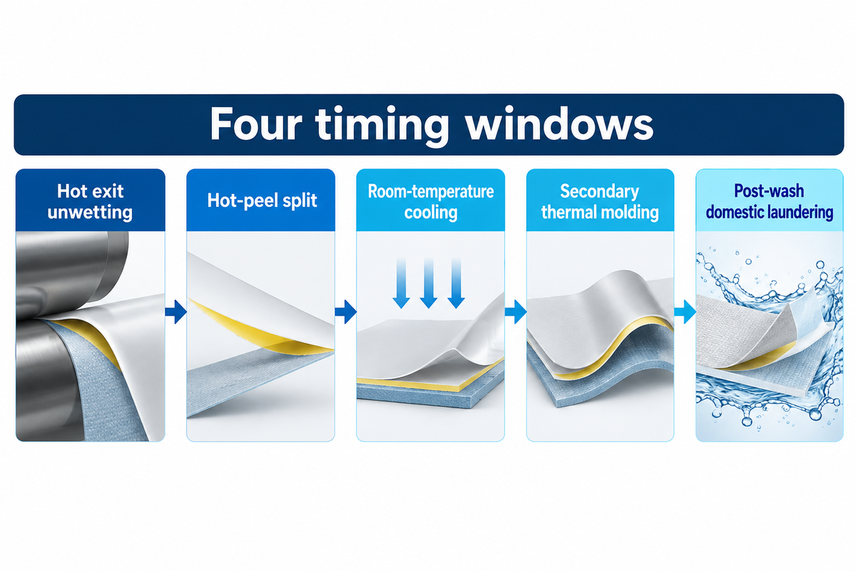 Four delamination failure timing windows from hot nip exit through room-temperature cooling, secondary molding, and domestic washing.