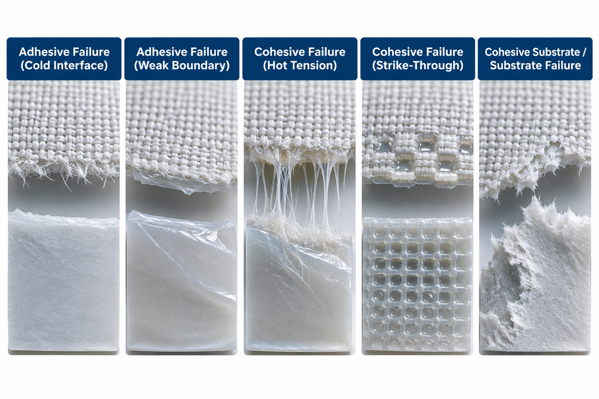 Cross-sectional comparison of ISO 10365 fracture designations for nonwoven hot melt adhesive web laminates.