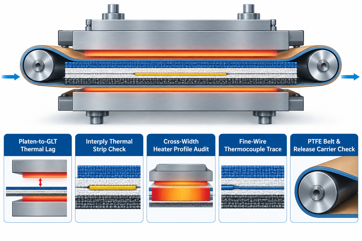 Flatbed press cross-section illustrating thermal lag between heater platen setpoint and interply glue-line temperature.