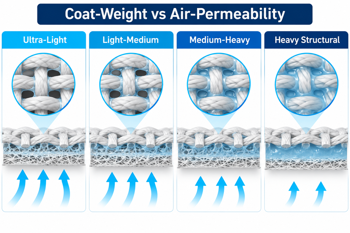 Comparison of adhesive web basis weight tiers showing the tradeoff between inter-yarn bridging and air permeability.