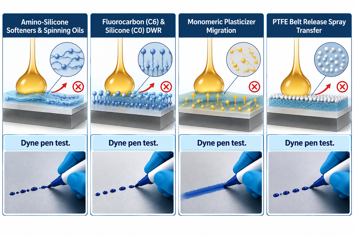 Diagnostic overview of four chemical surface contamination mechanisms that block adhesive web wetting or cause delayed creep.