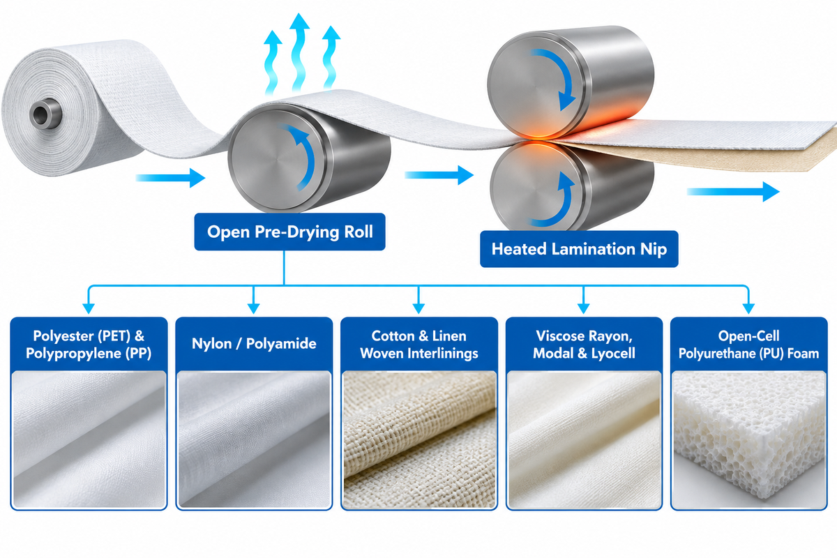 Comparison of textile fiber moisture regain levels and inline pre-drying before the thermal lamination nip.