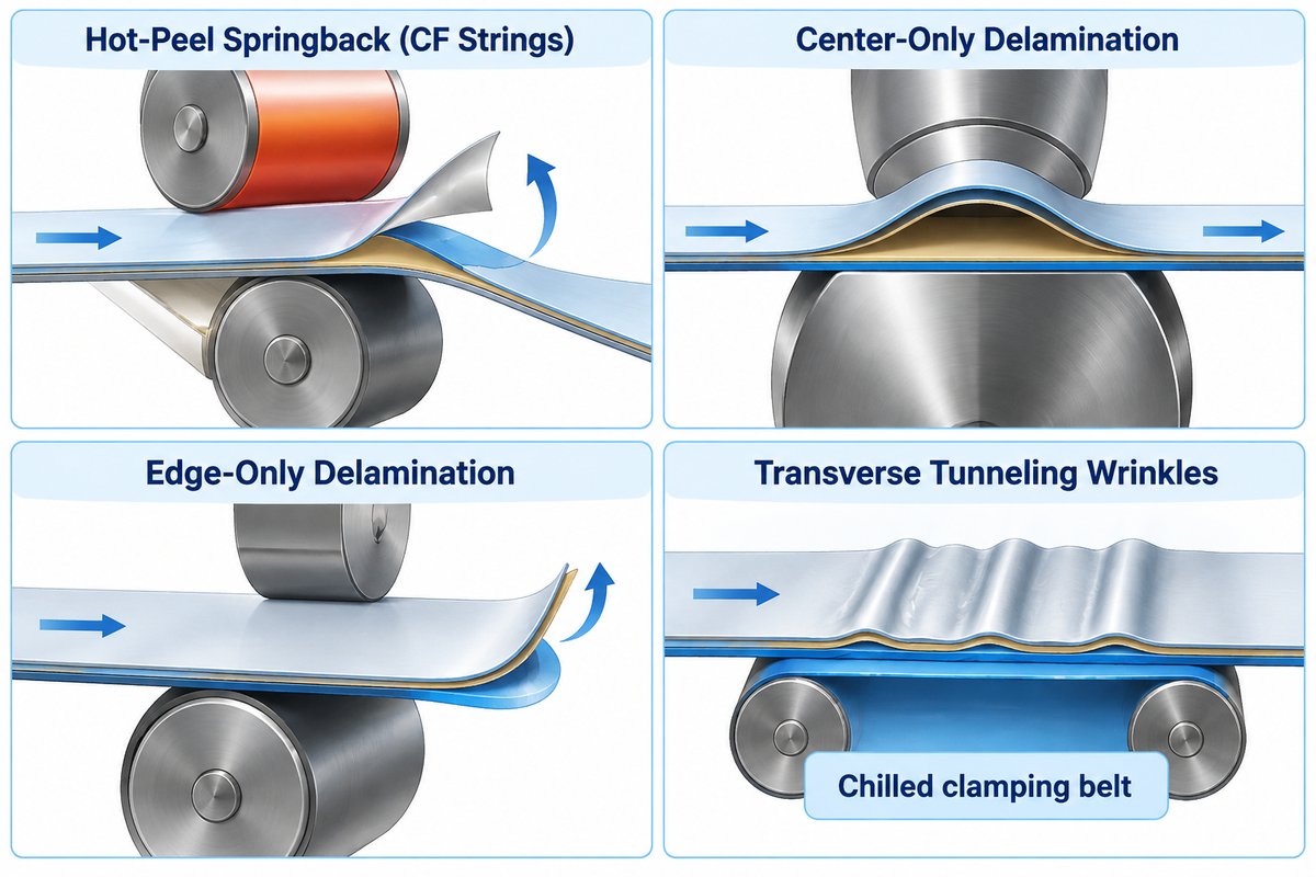 Mechanical lamination diagnostics covering hot-peel springback, roller bowing deflection, edge heat loss, and web tension tunneling.