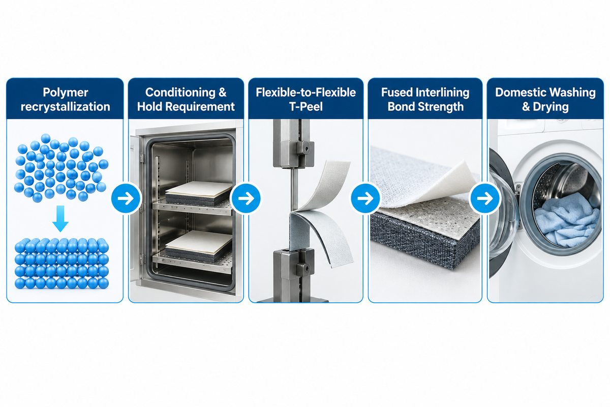 Post-lamination timeline and qualification standards comparing green tack, recrystallization hold, T-peel testing, and wash durability.