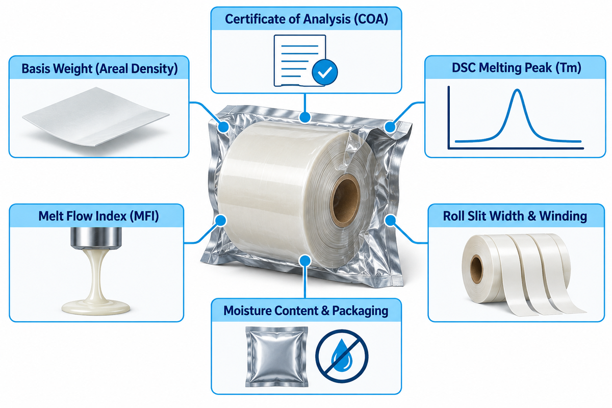Incoming quality control inspection diagram showing the five COA roll specification parameters that prevent lot-to-lot delamination.
