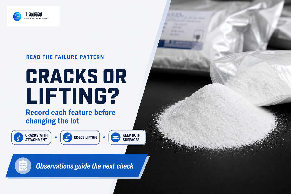 Cracks within an attached layer and adhesive lifting require separate observations; neither proves a powder-lot defect.