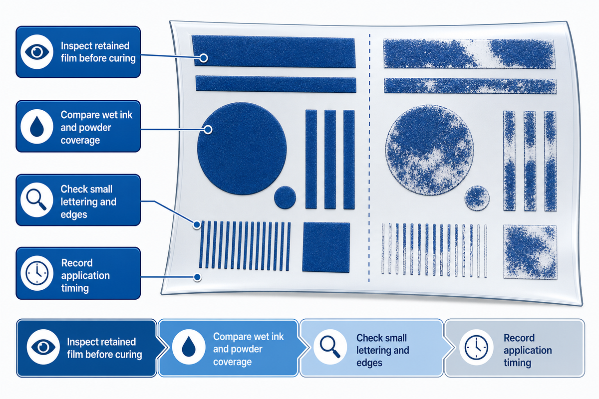 Inspect wet-ink coverage on retained film, especially lettering and edges, and record the application window.