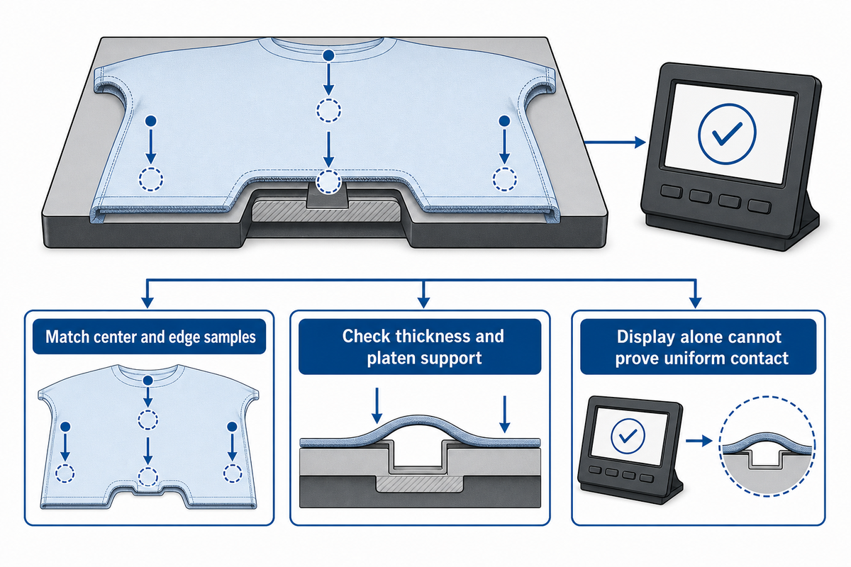 Compare matched center and edge positions and inspect garment support; controller display alone does not show uniform contact.