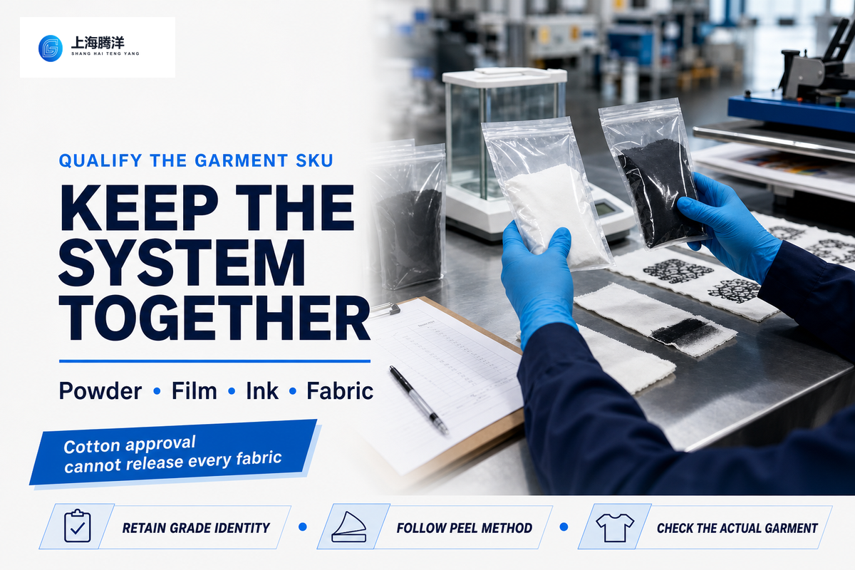 Keep powder grade, film, ink and garment identity together; a cotton control does not qualify every fabric.