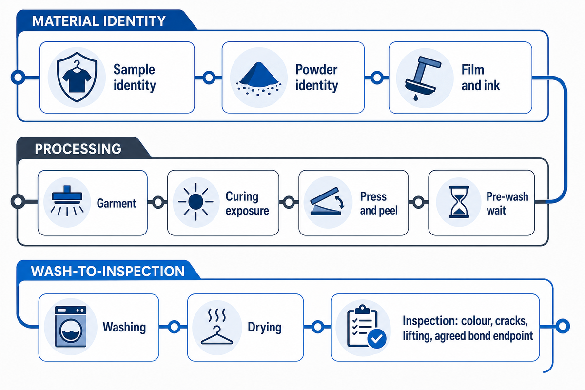 Ten linked record fields cover sample and material identities, curing, pressing, waiting, washing, drying and separate inspection endpoints.