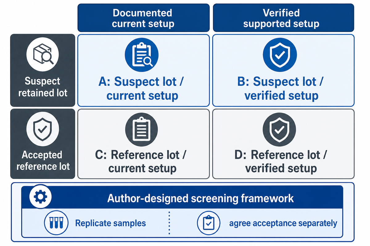 Author-designed powder-and-process screening matrix crosses suspect and reference lots with current and verified setups; replication and acceptance remain separate.